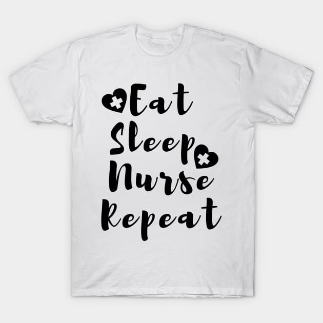 Eat Sleep Nurse Repeat With Hearts in black design T-Shirt by BlueLightDesign